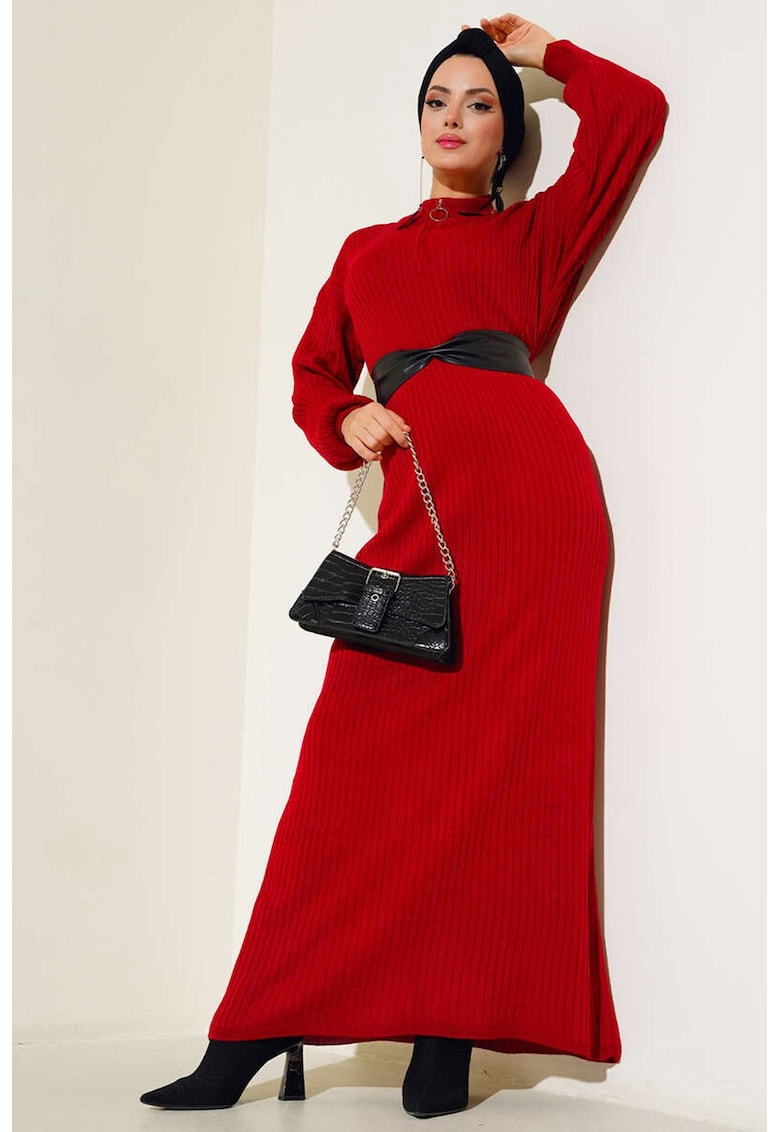 Rochii -  Rochie maxi din tricot cu guler inalt - Rosu - Tricot -