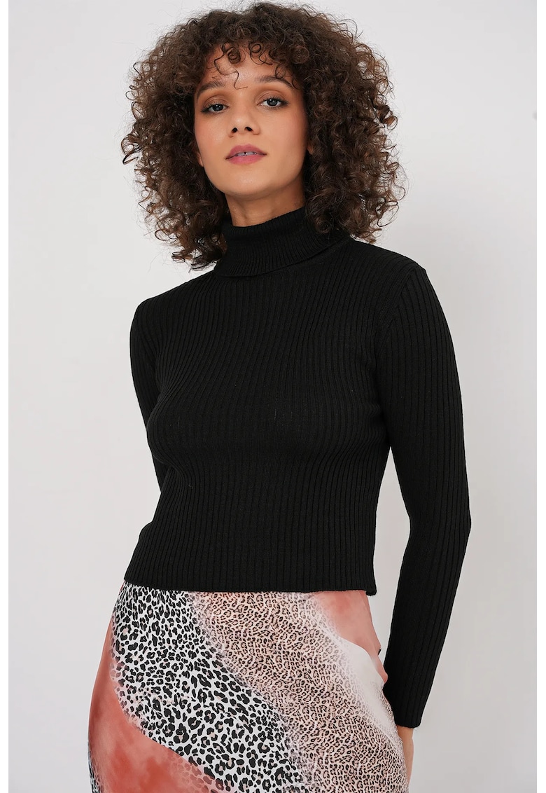 Pulover dama -  crop - guler alb - textura - negru - tricot -