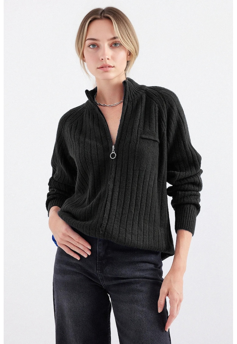Pulover dama  cardigan tricotat cu nervuri - guler cu fermoar - negru - acril
