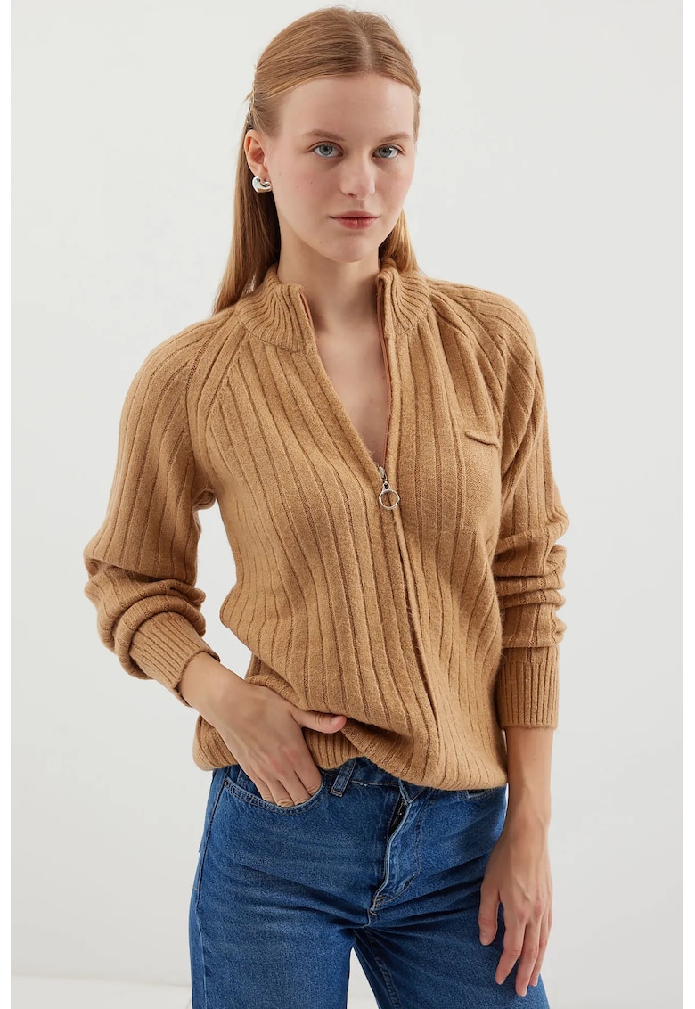 Cardigan cu fermoar si maneci raglan