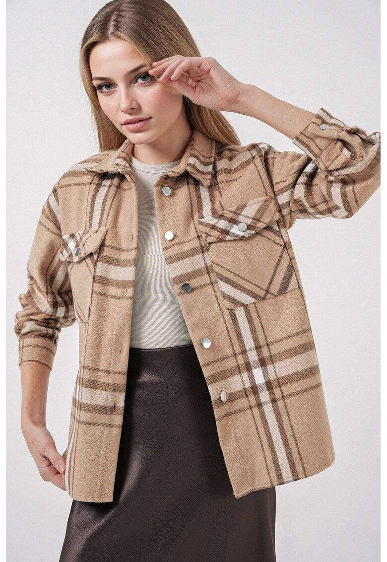 Camasa dama HiCCUP - in carouri - cu nasturi si buzunar - textil - Maro