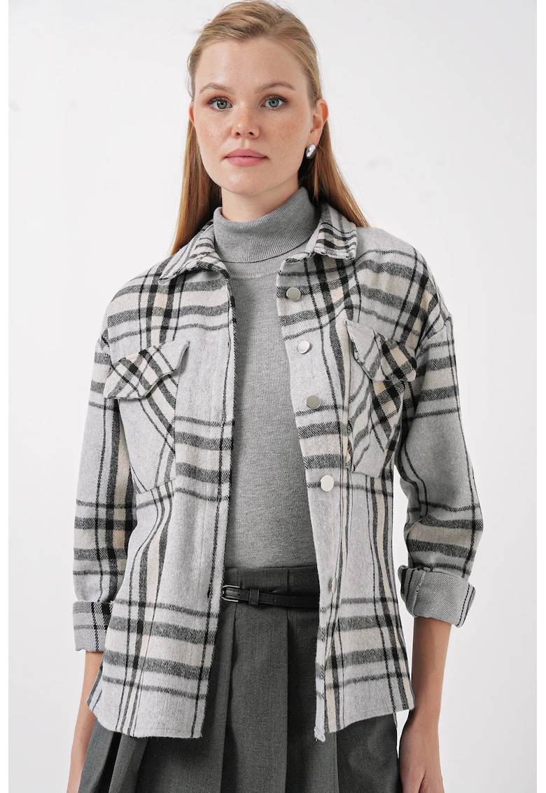 Camasa dama - HiCCUP - carouri - gri deschis - textil - Mocca