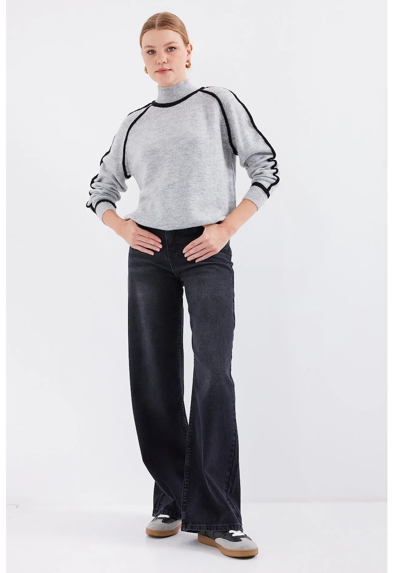 Pulover dama - BigDart - guler inalt - dungi supradimensionate - tricot - Gri deschis -