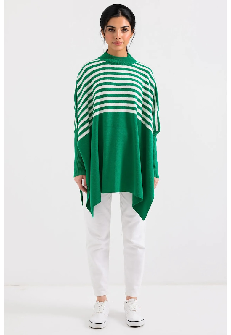 Pulover dama -  cu guler inalt - dungi - verde padure - tricot -