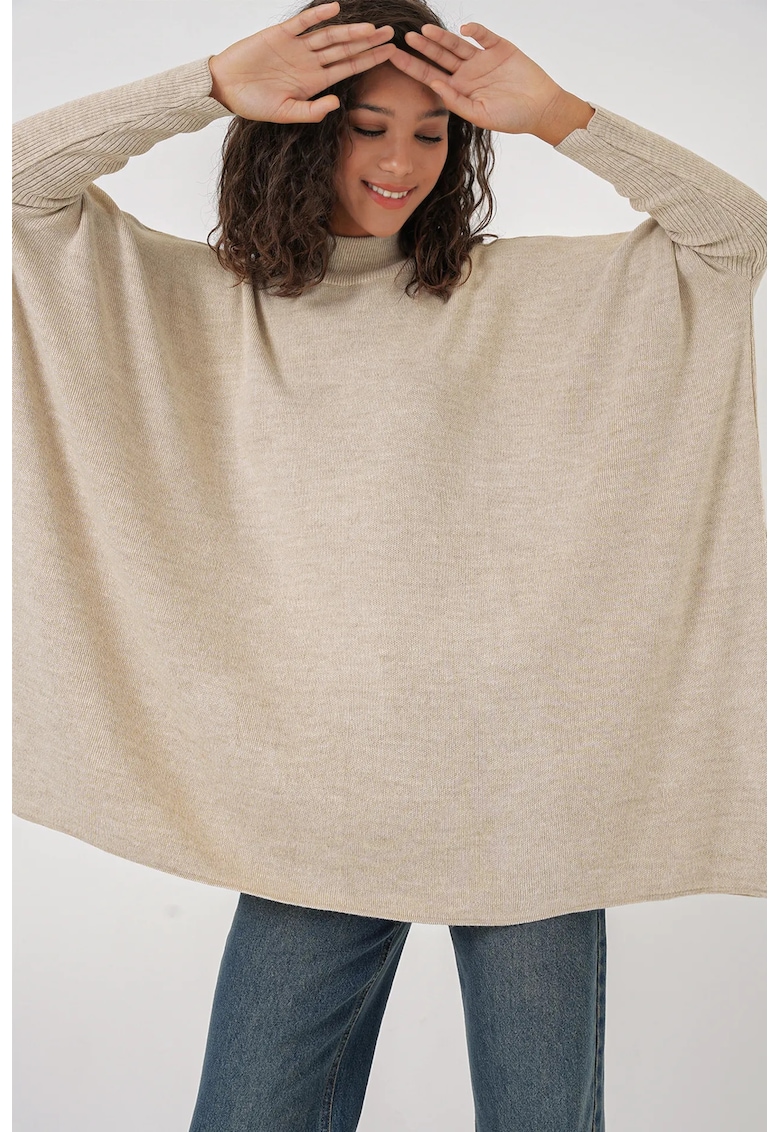 Pulover dama - BigDart - guler inalt - dungi - tricot - Bej Natural -