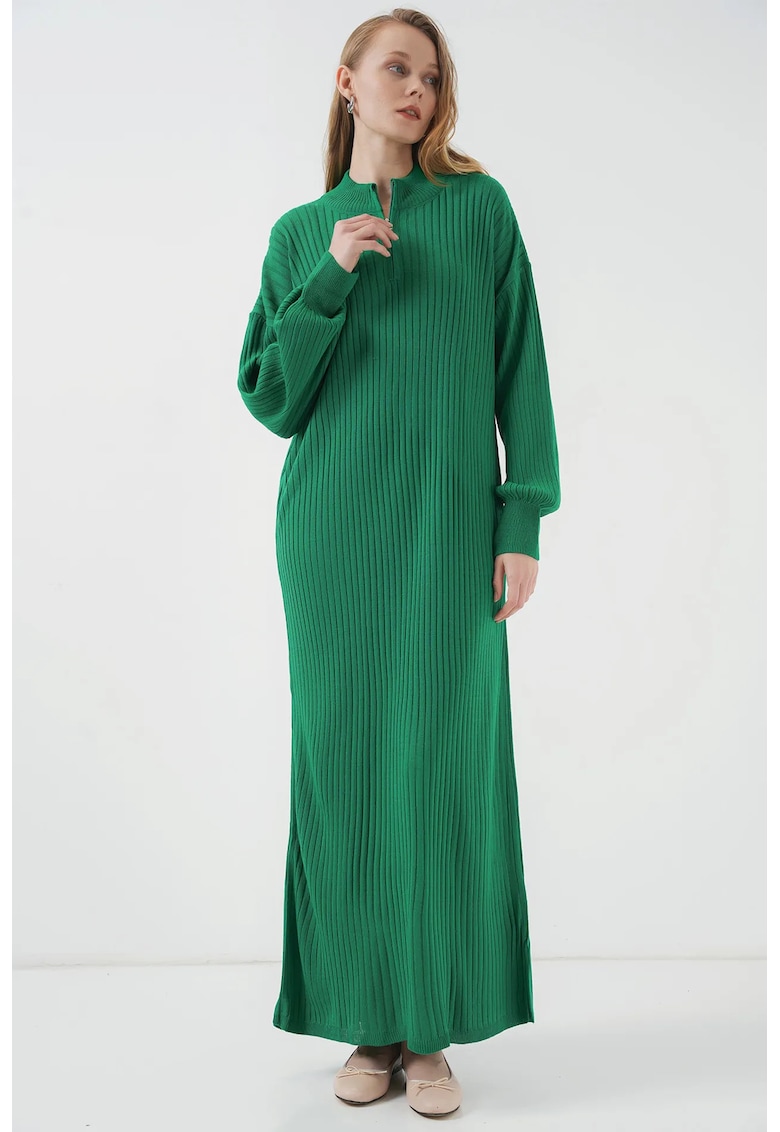 Rochie tricotata texturata - guler inalt - fermoar - material tricot - Verde -