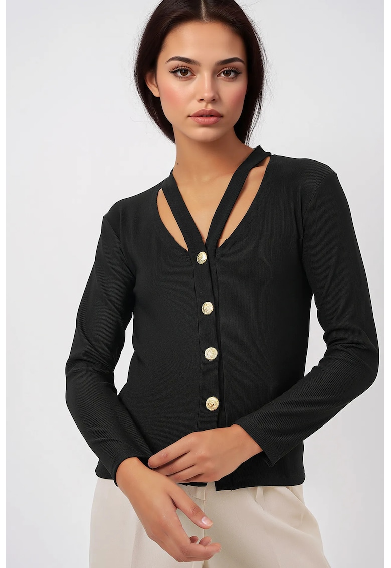 Cardigan - HiCCUP - cu decolteu in V - maneci lungi - negru - poliester