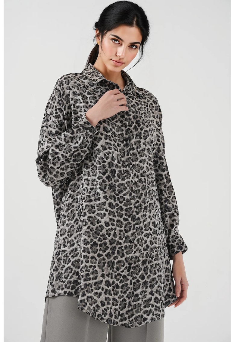 Camasa lunga cu nasturi  imprimeu leopard - negru - amestec de viscoza si poliester