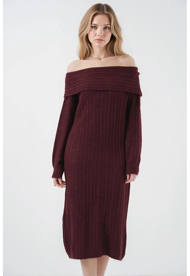 Rochie midi tricotata supradimensionata guler Madonna - visiniu - tricot - Rochie midi tricotata supradimensionata guler Madonna - visiniu - tricot -