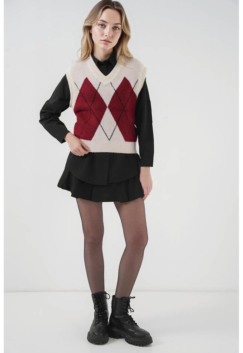 Pulover dama  model geometric - decolteu in V - rosu - tricot -