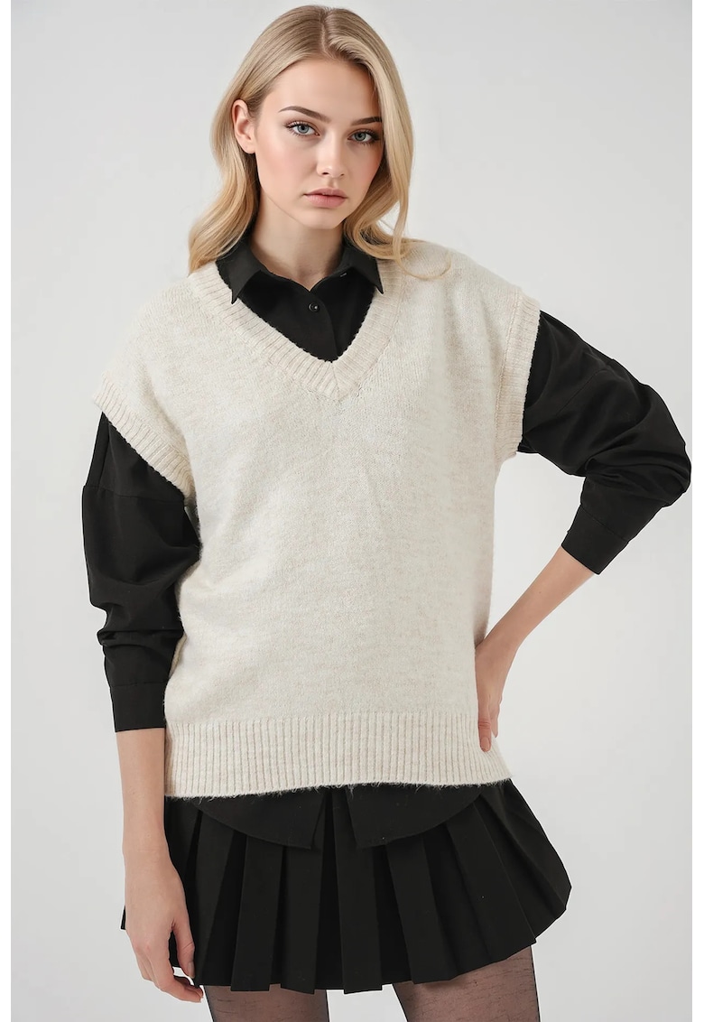 Pulover dama -  vesta de pulover cu decolteu in V - model geometric - ecru - tricot -