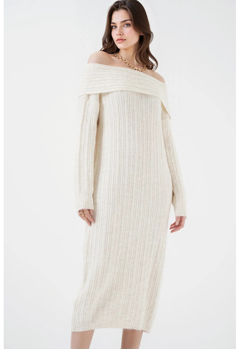 Rochie midi tricotata supradimensionata guler Madonna - ecru - amestec acrilic - poliester si lana - Rochie midi tricotata supradimensionata guler Madonna - ecru - amestec acrilic - poliester si lana -