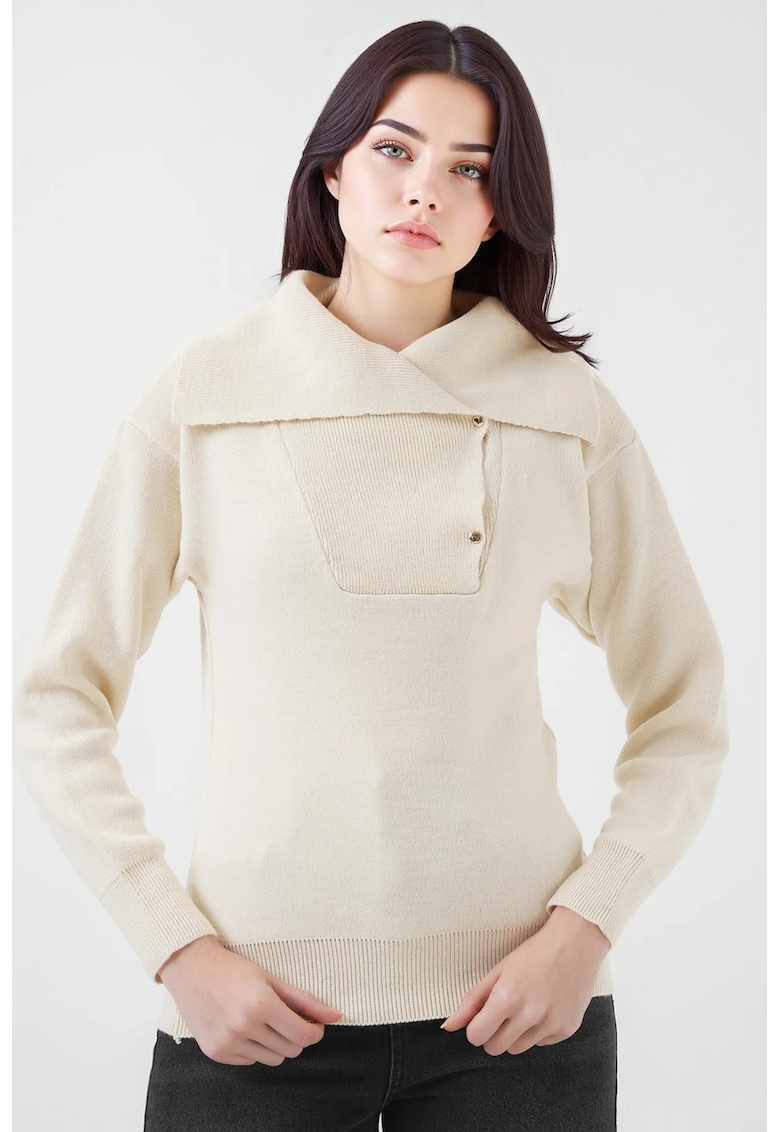 Pulover dama acrilic - guler sal - tricot - Crema naturala -