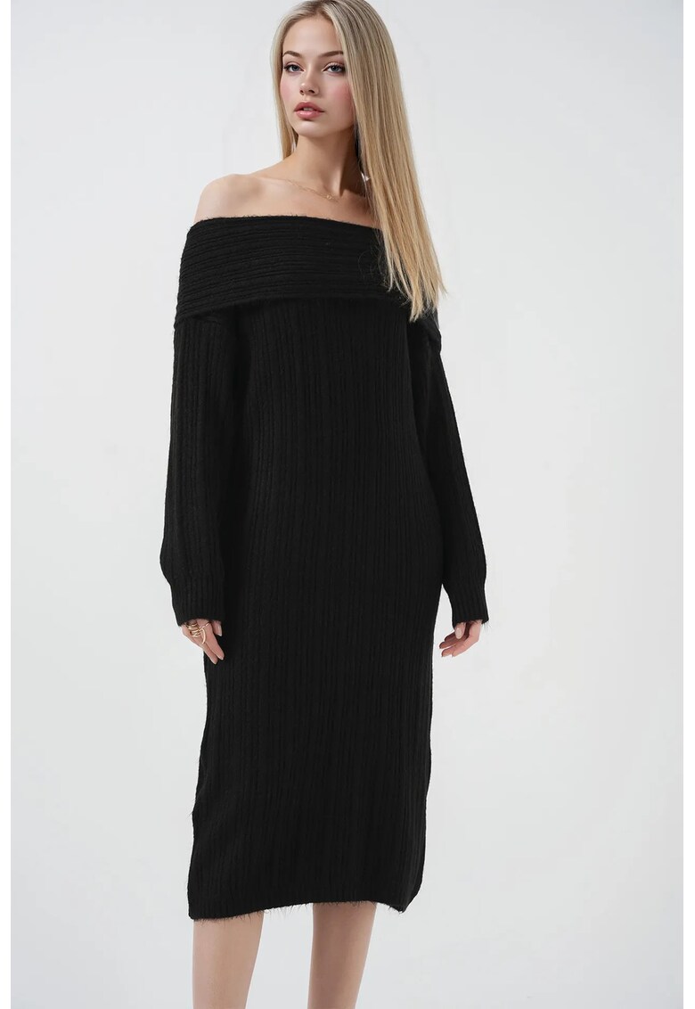 Rochie midi - tricotata - guler Madonna - Negru -