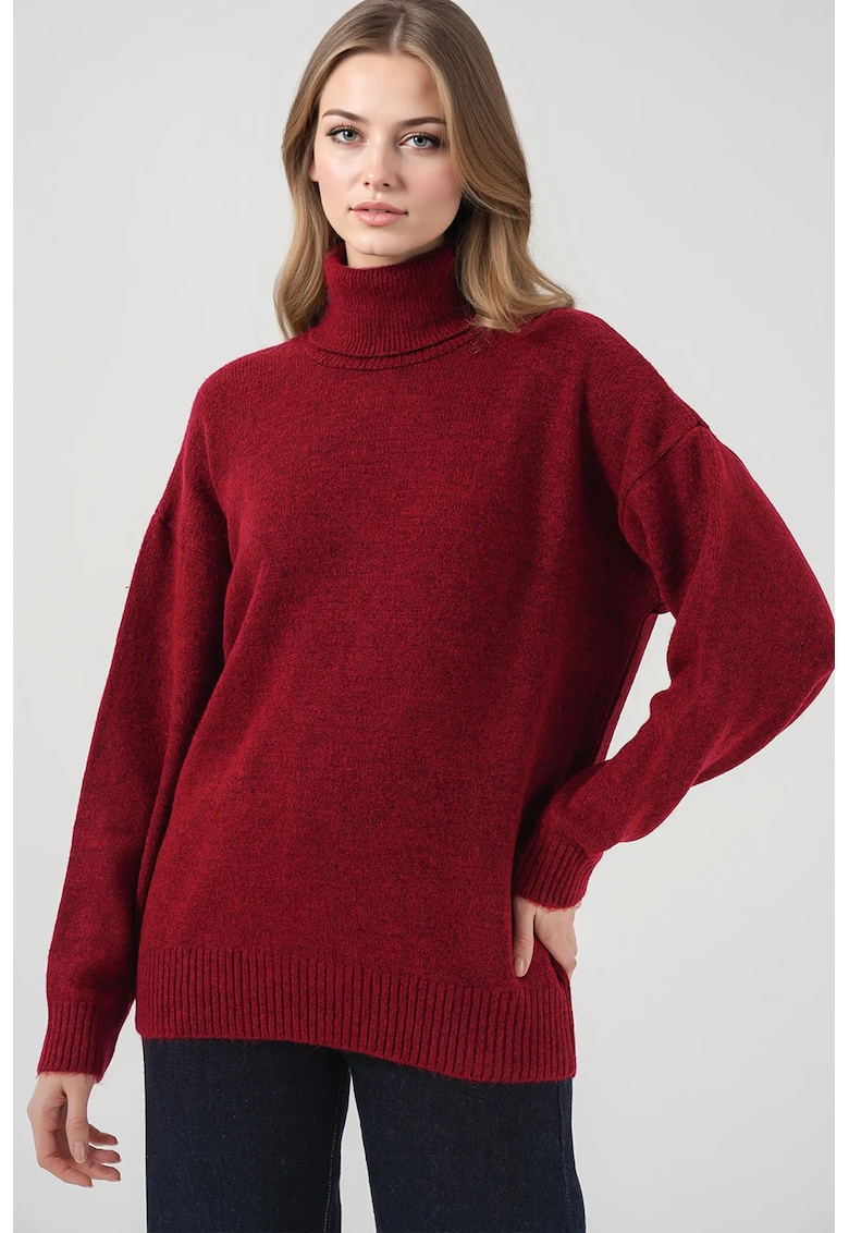 Pulover dama  supradimensionat cu guler inalt - nervuri - rosu - lana -