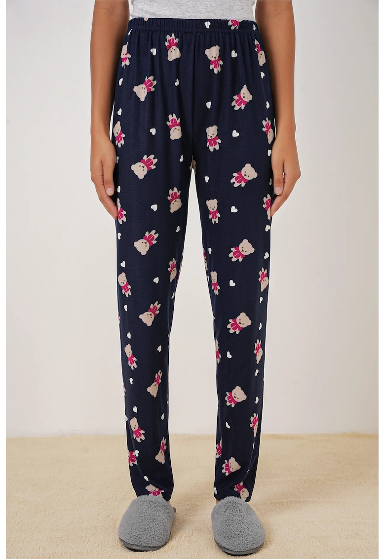 Pantaloni de pijama  model cu imprimeu ursuleti - poliester/jerseu - bleumarin