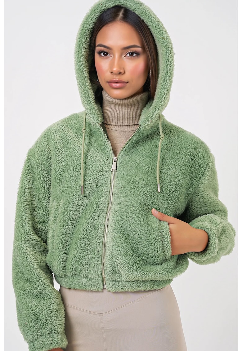 Hanorac scurt cu gluga -  imprimeu leopard - verde smarald - poliester