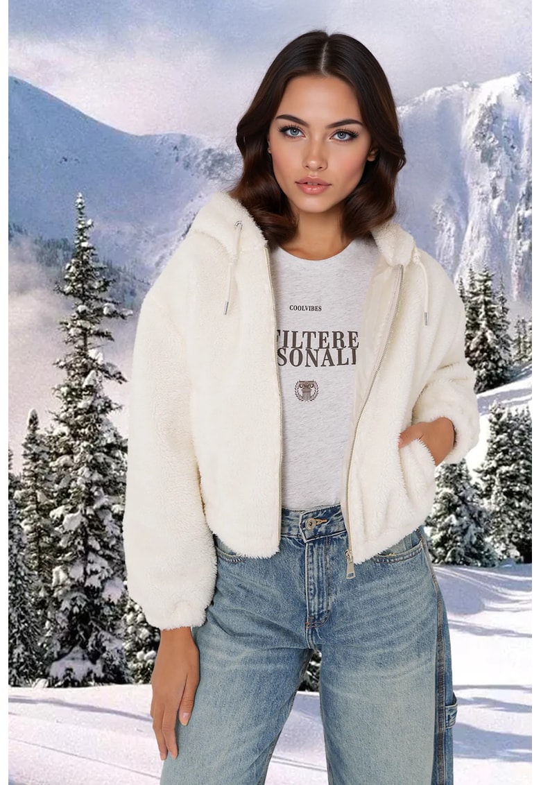 Hanorac scurt cu gluga -  imprimeu leopard - ecru - poliester -