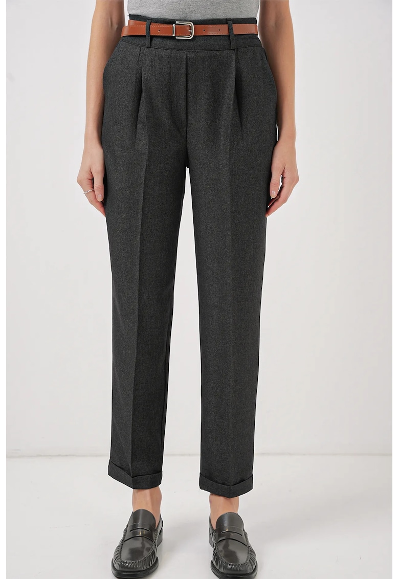 Pantaloni dama -  cu mansete plisate - gri inchis - bumbac si poliester