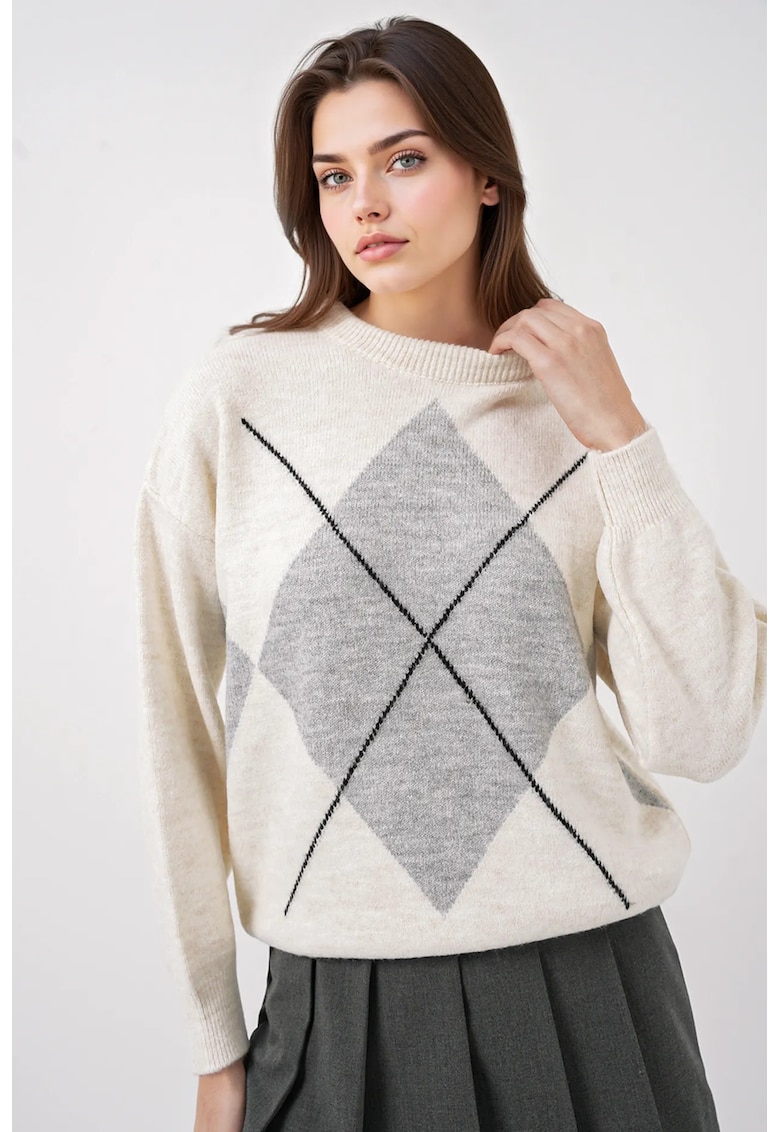 Pulover dama - geometric supradimensionat - tricot - Gri deschis -