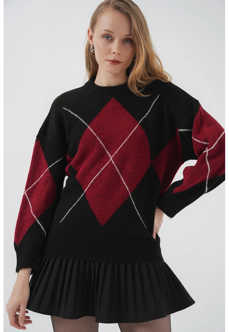 Pulover dama -  geometric supradimensionat - negru - tricot -