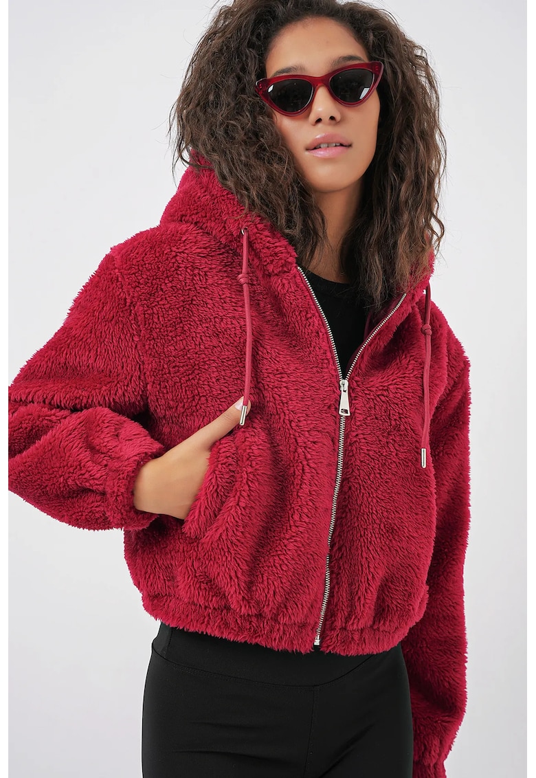 Hanorac scurt cu gluga -  imprimeu leopard - visiniu - poliester