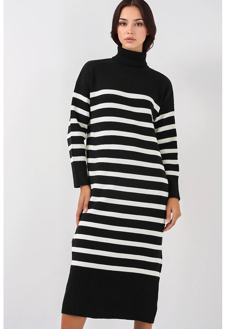 Rochie tricotata guler inalt - dungi - material acril si lana - Negru -