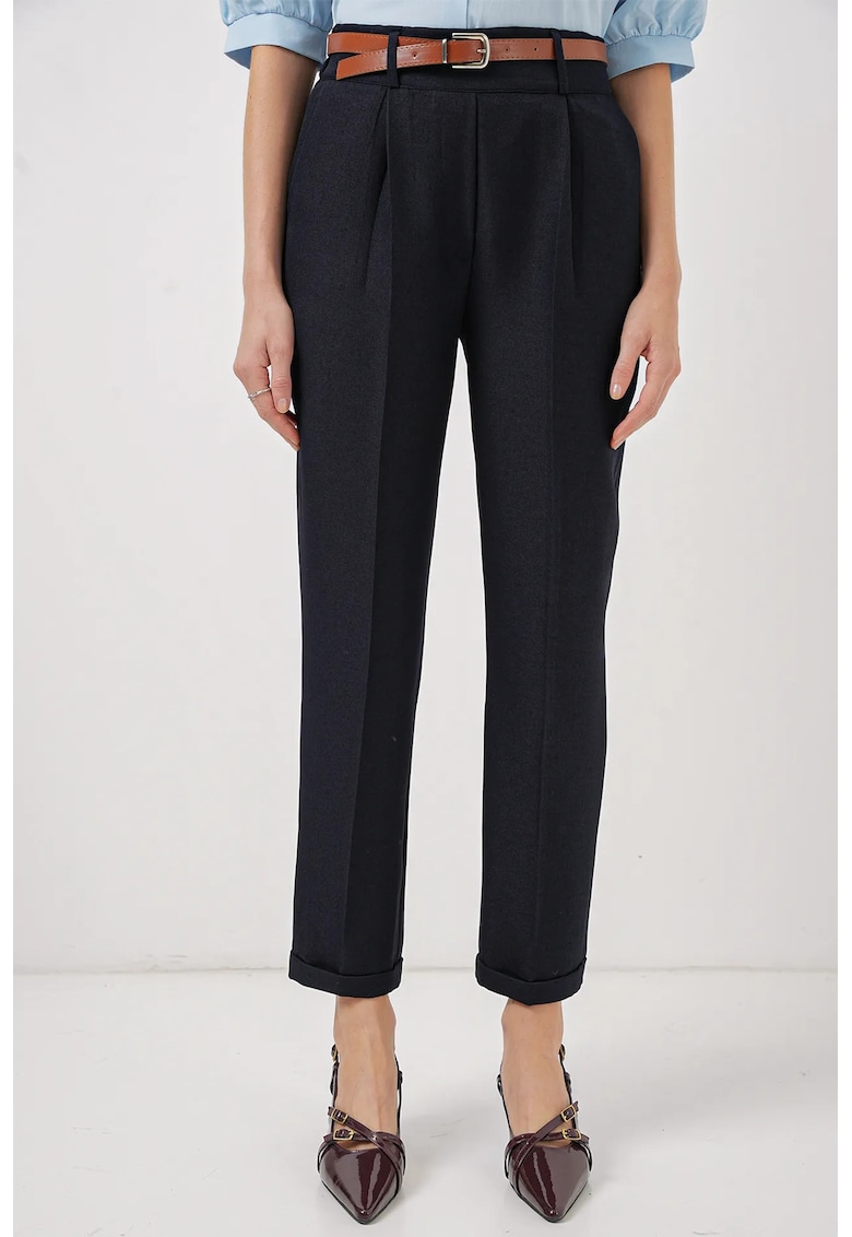 Pantaloni dama -  cu mansete plisate - bleumarin - poliester-bumbac