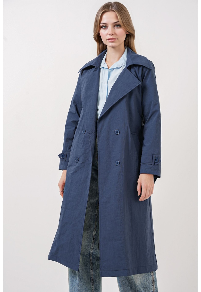 Palton dama trench lung - textil - cu doua randuri de nasturi si buzunare - Albastru marin -