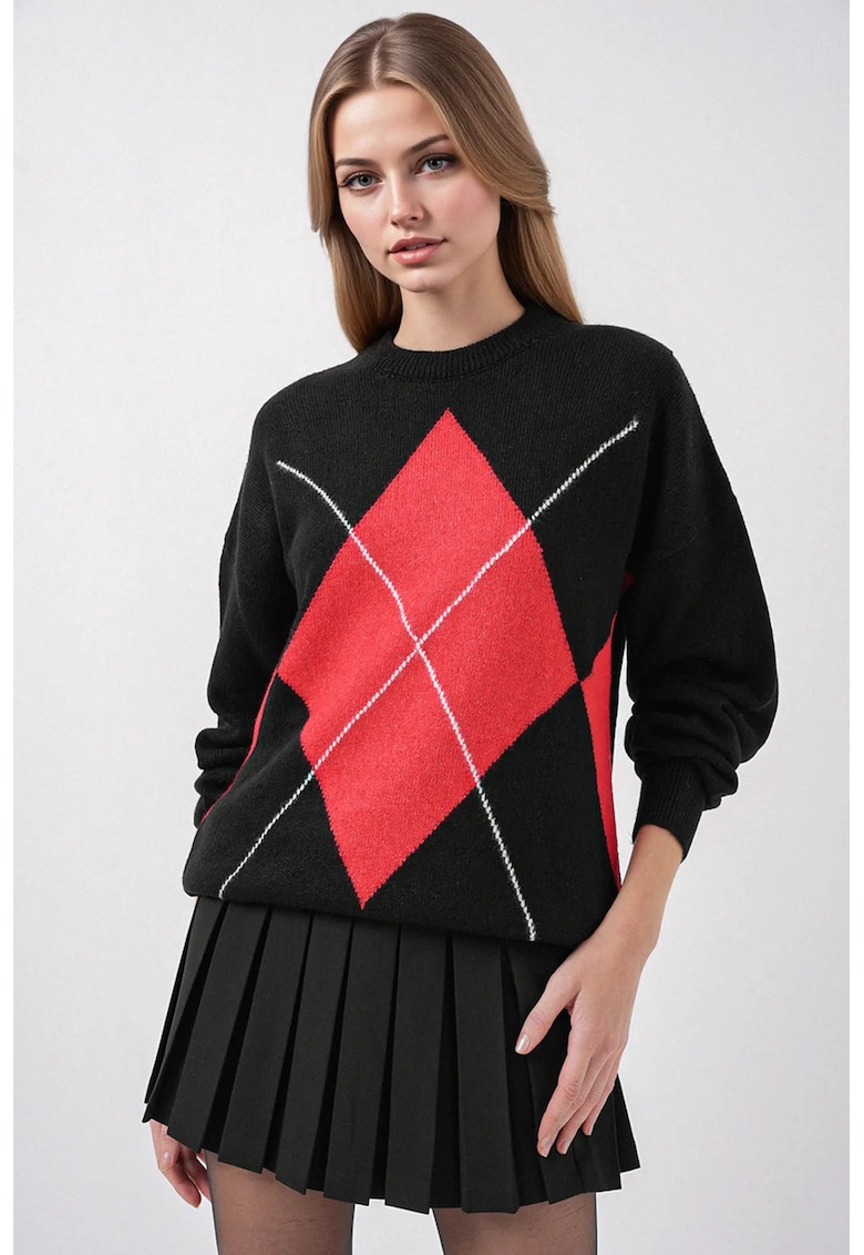 Pulover dama -  geometric supradimensionat - negru - tricot -