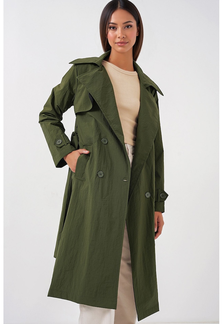 Palton dama -  trench lung cu doua nasturi - kaki - poliamida