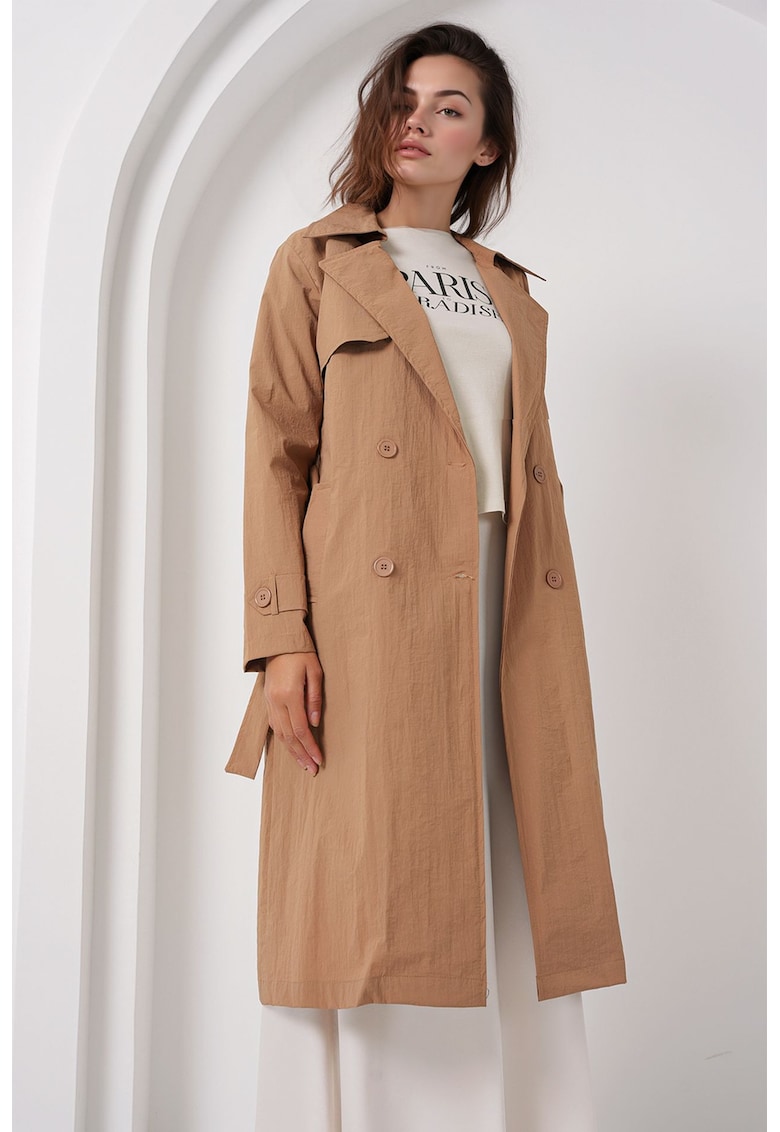 Palton dama trench lung - doua randuri de nasturi - maro camel - textil