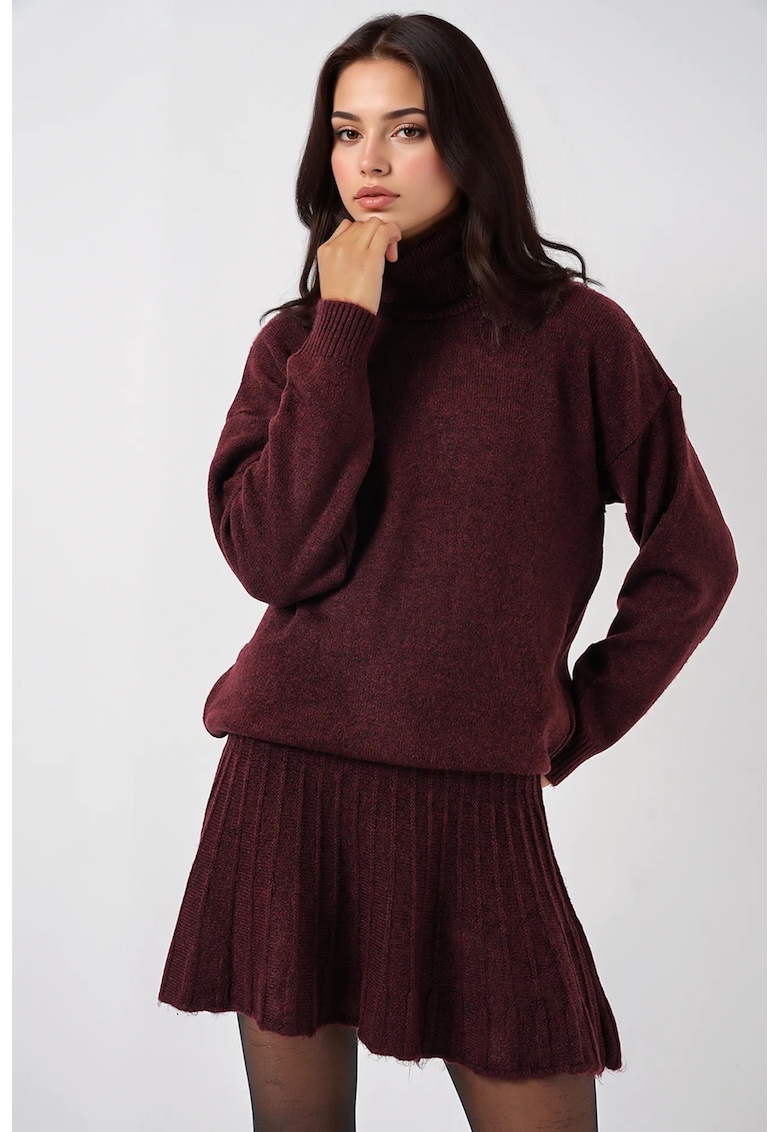 Costum dama - set coordonat tricotat - guler inalt - visiniu - jerseu -