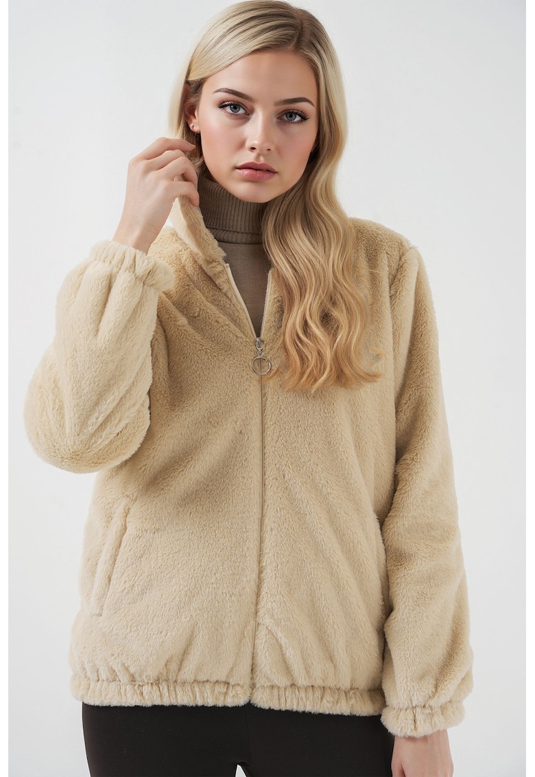 Jacheta din blana artificiala - cu gluga - calduros - maro nisip - poliester