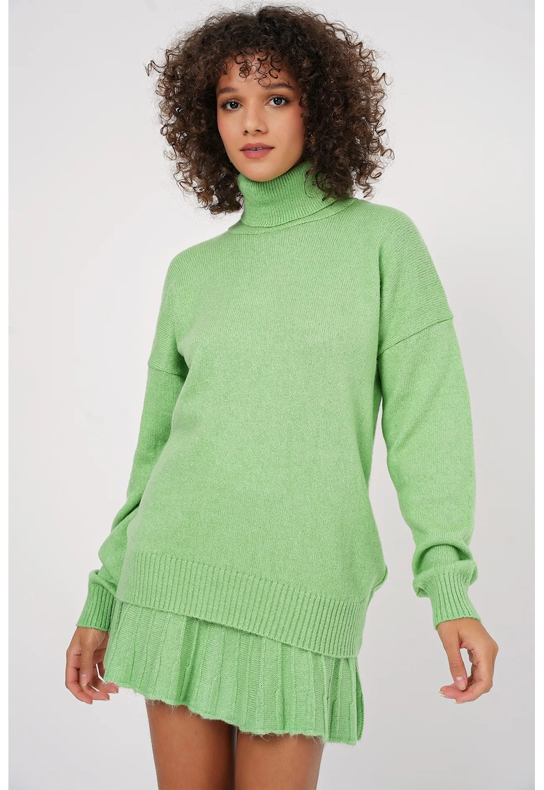 Costum dama -  set tricotat supradimensionat - guler inalt - verde - jerseu -