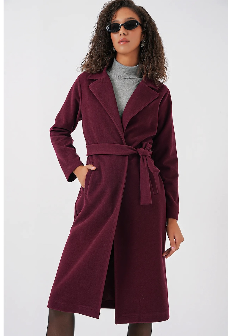 Palton dama texturat - cu inchidere la doua randuri de nasturi si curea - rosu burgund - poliester-bumbac