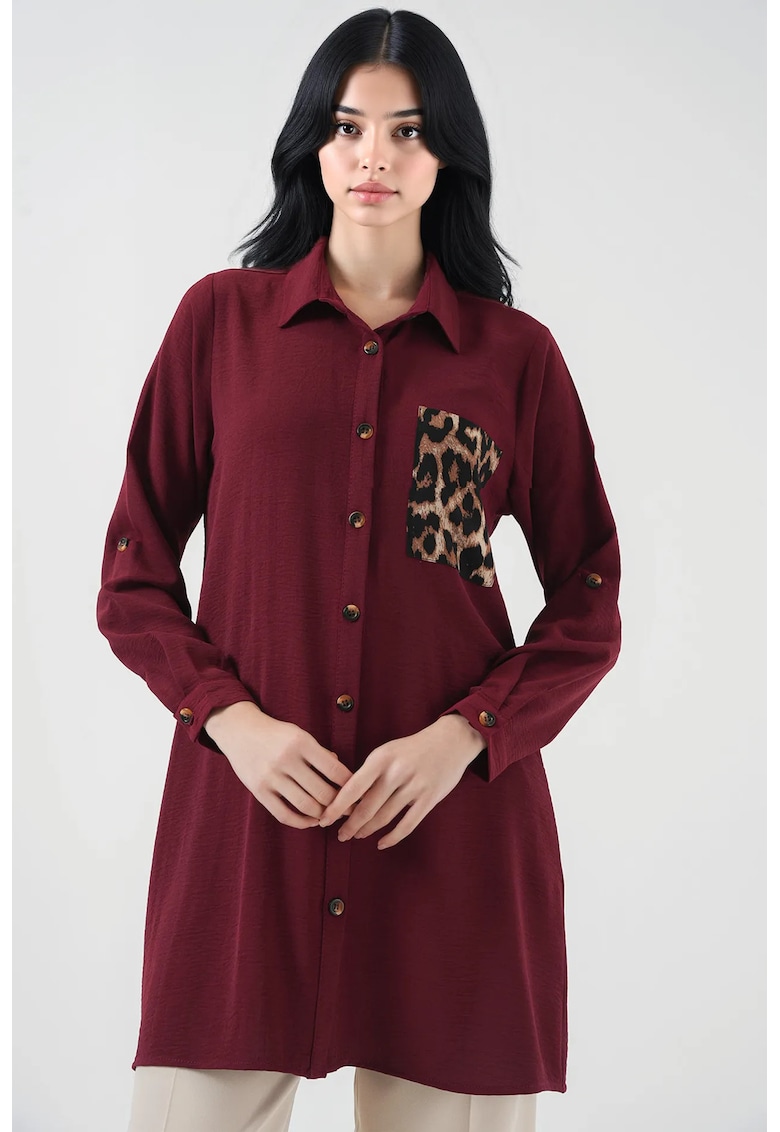 Camasa de dama cu maneca lunga - imprimeu leopard - visiniu - material poliester/ lycra - Camasa de dama cu maneca lunga - imprimeu leopard - visiniu - material poliester/ lycra -