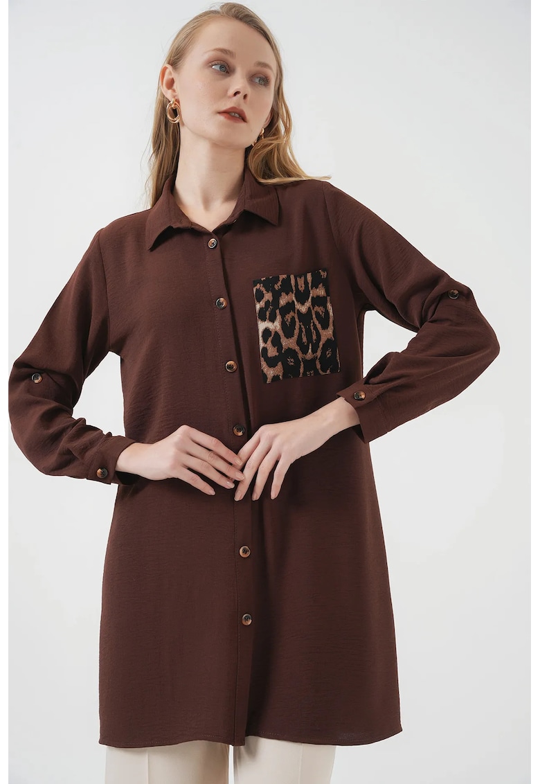 Camasa de dama cu maneca lunga - imprimeu leopard - maro - poliester si lycra - Camasa de dama cu maneca lunga - imprimeu leopard - maro - poliester si lycra -