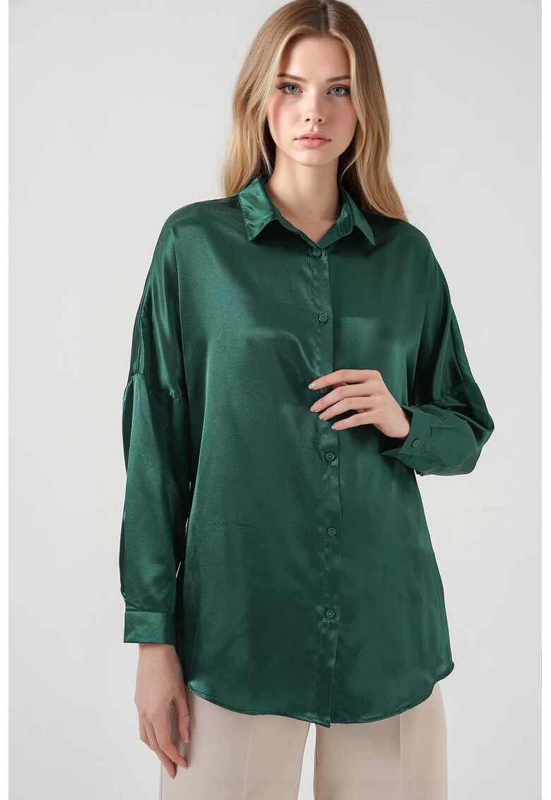Camasa supradimensionata  din satin - verde padure - poliester - cu inchidere cu nasturi