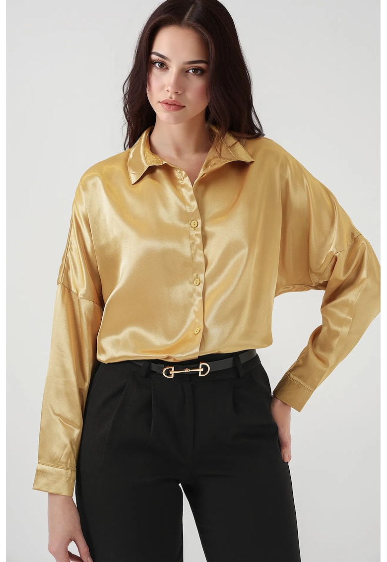 Camasa supradimensionata  din satin galben cu inchidere cu nasturi - pentru femei