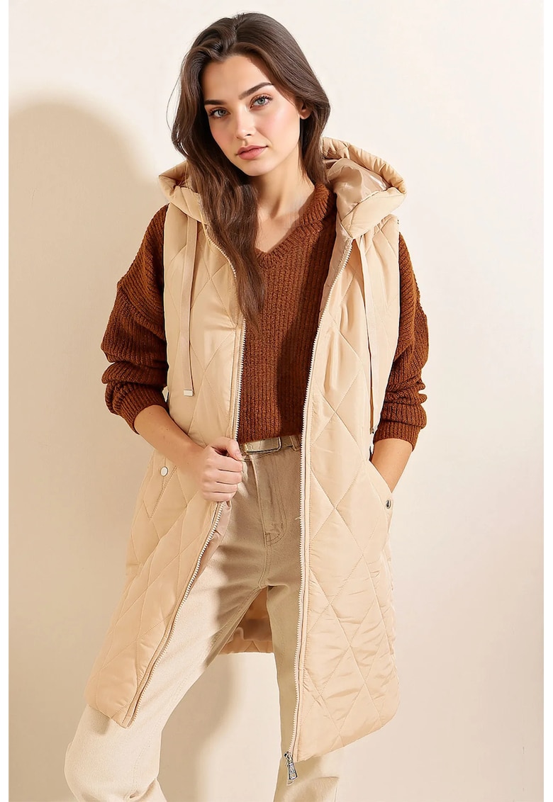 Vesta lunga cu gluga si fermoar pentru dama -  poliester - bej -