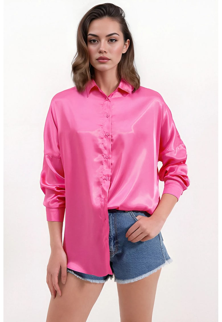 Camasa supradimensionata - HiCCUP - satin - roz aprins - cu inchidere cu nasturi
