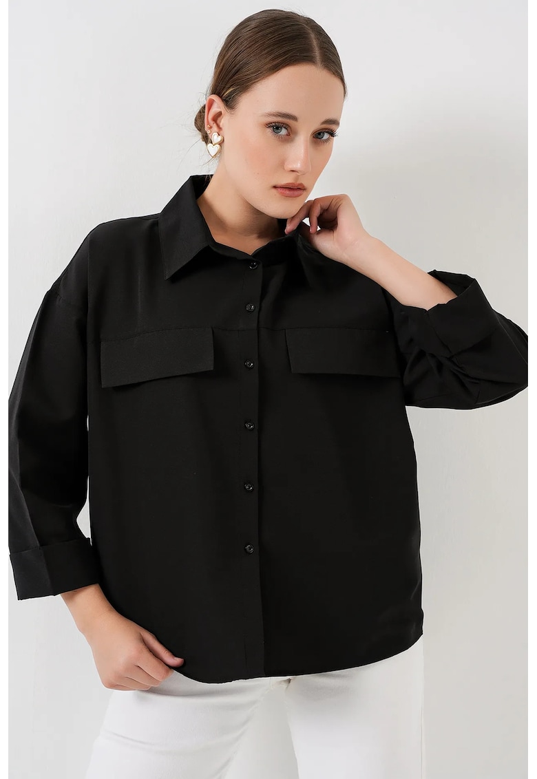 Camasa dama poplin - croiala lejera - buzunar - negru - bumbac/poliester - Camasa dama poplin - croiala lejera - buzunar - negru - bumbac/poliester -