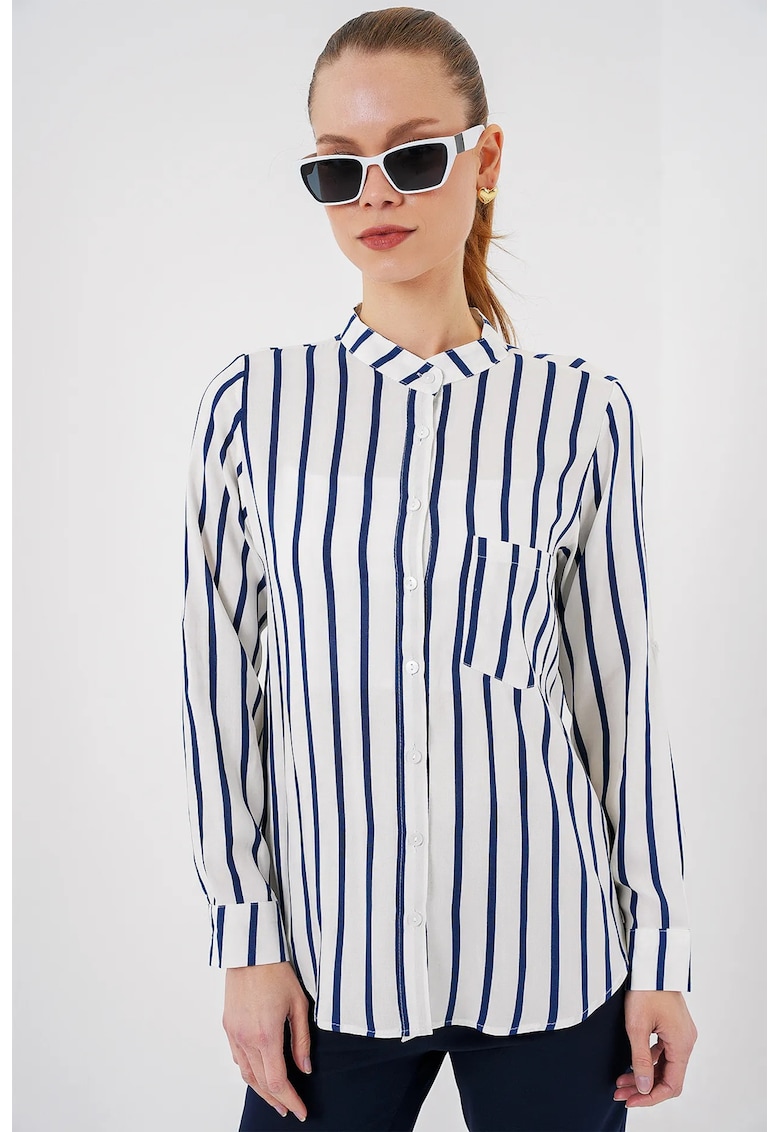 Camasa  cu dungi - maneca lunga - bleumarin/alb - viscoza