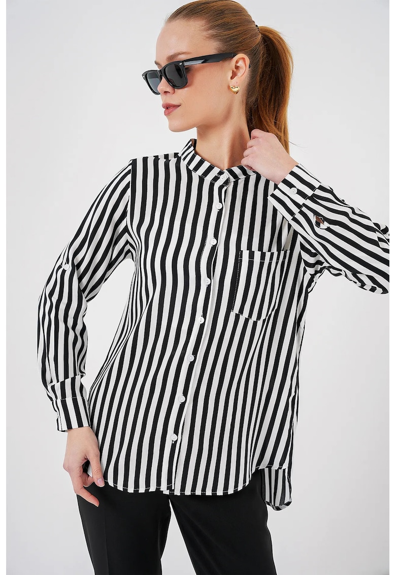 Camasa cu maneca lunga HiCCUP - dungi - alb/negru - viscoza