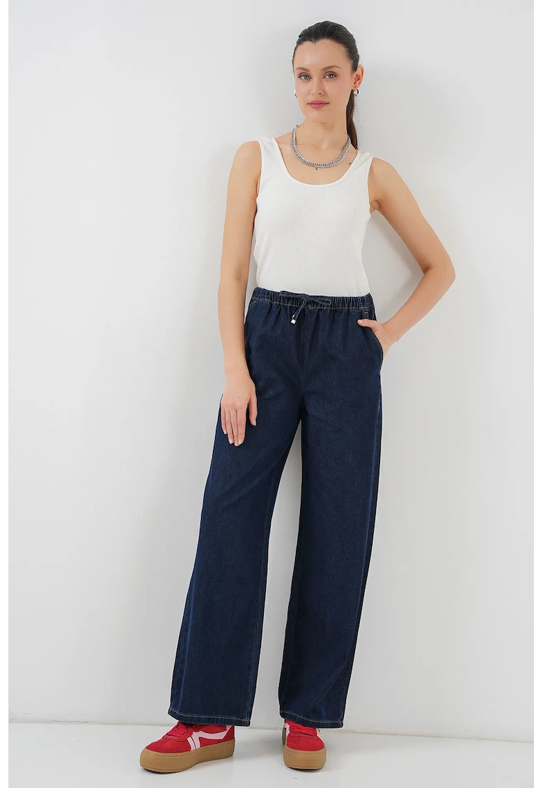 Blugi dama  Comfort Wide Leg - bleumarin - denim - cu snur