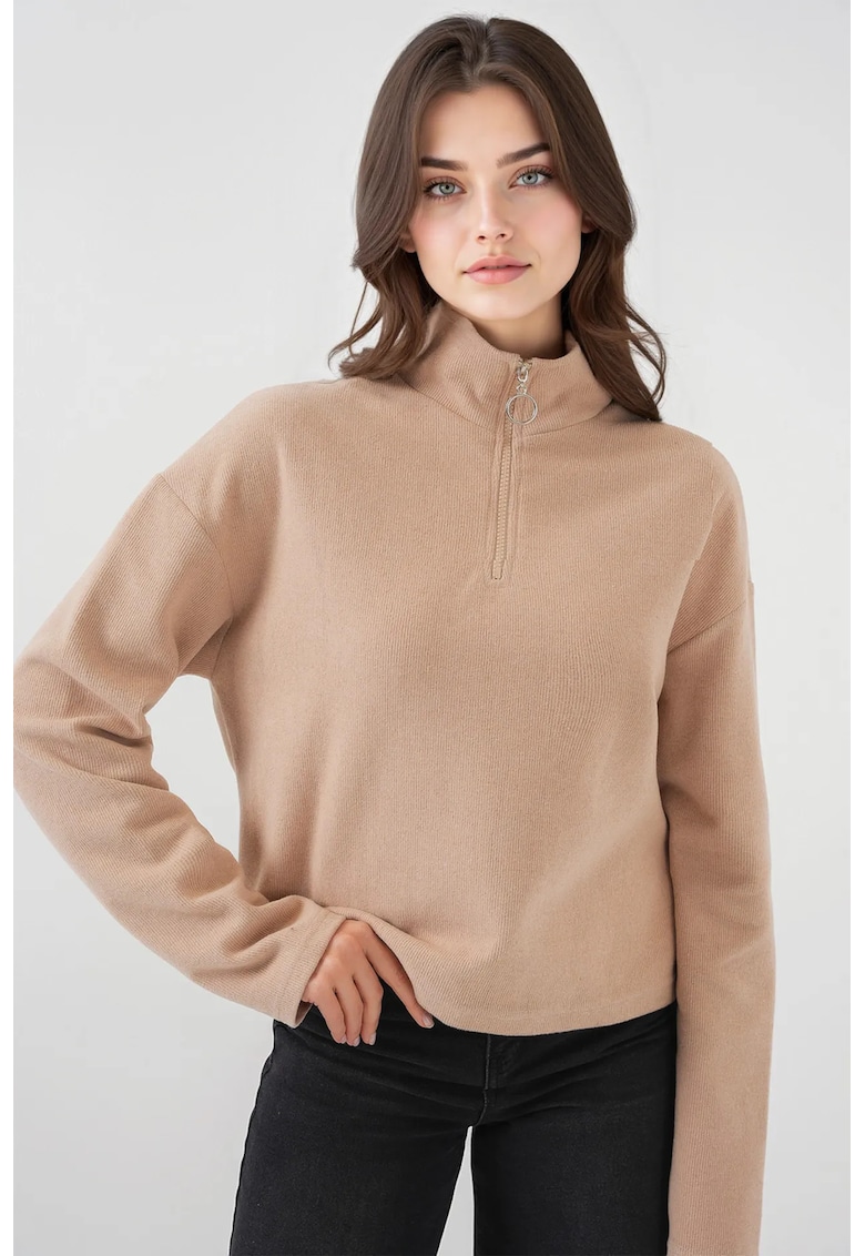Pulover dama  Relaxed Fit Crop - guler cu fermoar - maro - bumbac si poliester