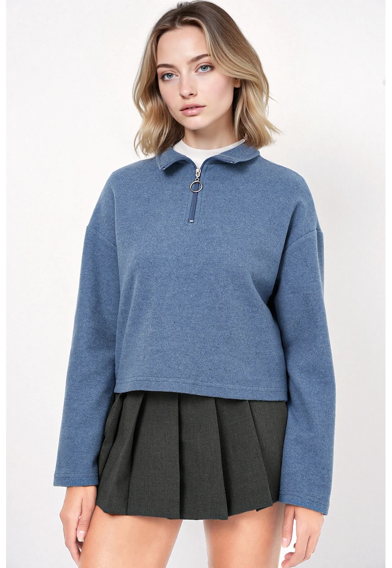 Pulover dama  Relaxed Fit Crop - guler cu fermoar - bleumarin - bumbac si poliester
