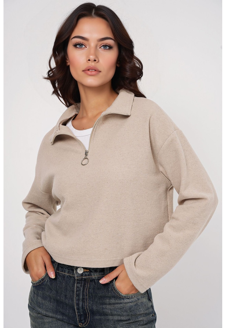Pulover dama -  Relaxed Fit Crop - guler cu fermoar - crem - bumbac si poliester