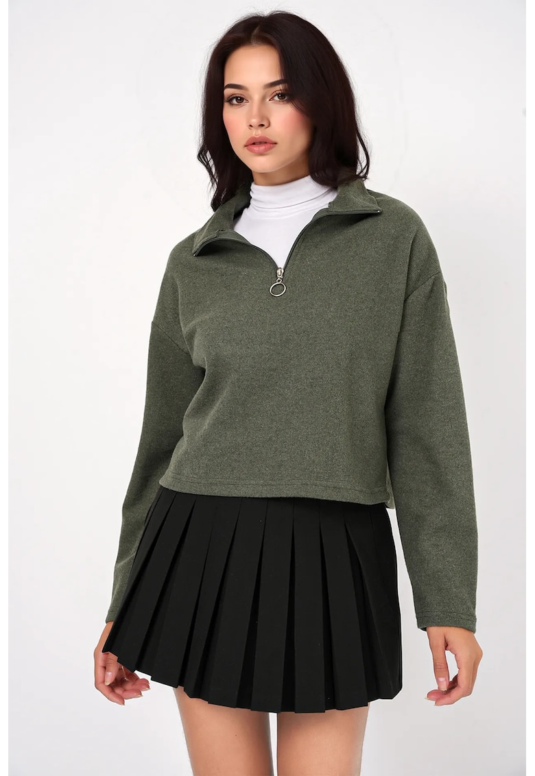 Pulover dama -  Relaxed Fit Crop - guler cu fermoar - verde - bumbac si poliester